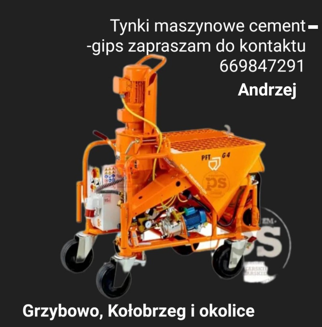 Pomarańczowa maszyna do tynkowania PFT G4 z widocznym zbiornikiem i silnikiem, na tle ciemnego tła z tekstem reklamowym 'Tynki maszynowe cement-gips zapraszam do kontaktu 669847291 Andrzej Grzybowo...