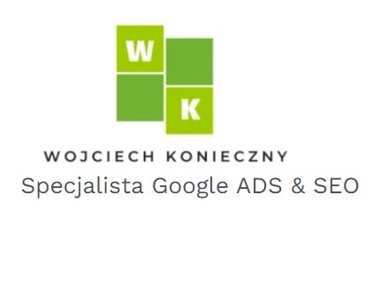 Logo firmy Wojciech Konieczny, specjalisty Google ADS i SEO, z zielonymi kwadratami zawierającymi litery W i K.