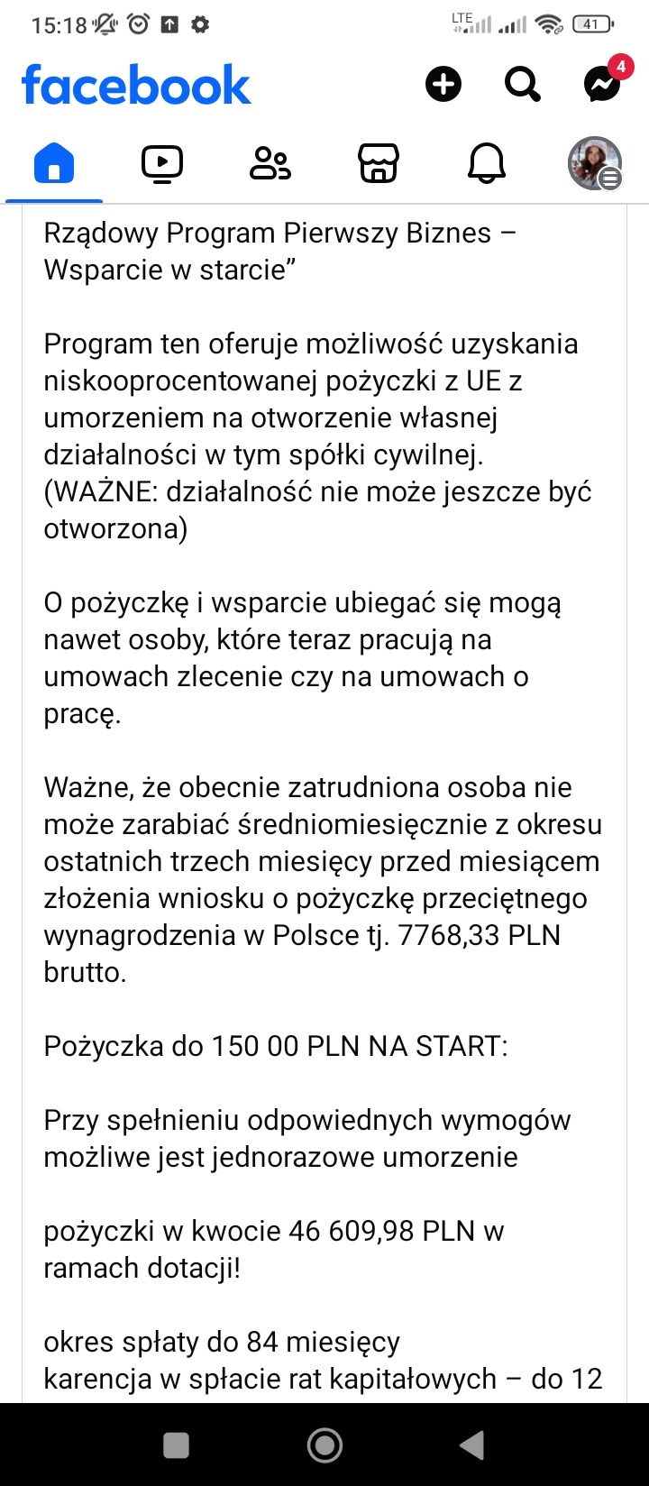 Zrzut ekranu z aplikacji Facebook przedstawiający informacje o rządowym programie 'Pierwszy Biznes - Wsparcie w Starcie', oferującym niskooprocentowane pożyczki z UE na otwarcie działalności,...