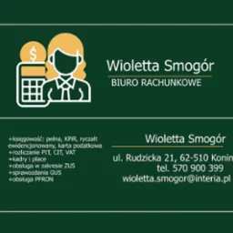 Wizytówka biura rachunkowego Wioletta Smogór z ikoną kalkulatora, monety z dolarem i sylwetką osoby, oferującego pełną księgowość, kadry i płace, obsługę ZUS i PFRON.