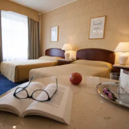 Pok&oacute;j hotelowy z dwoma ł&oacute;żkami, stolikiem nocnym z lampką, na stoliku jabłko, otwartą książka z okularami i srebrną tacą z butelkami wody i szklankami.