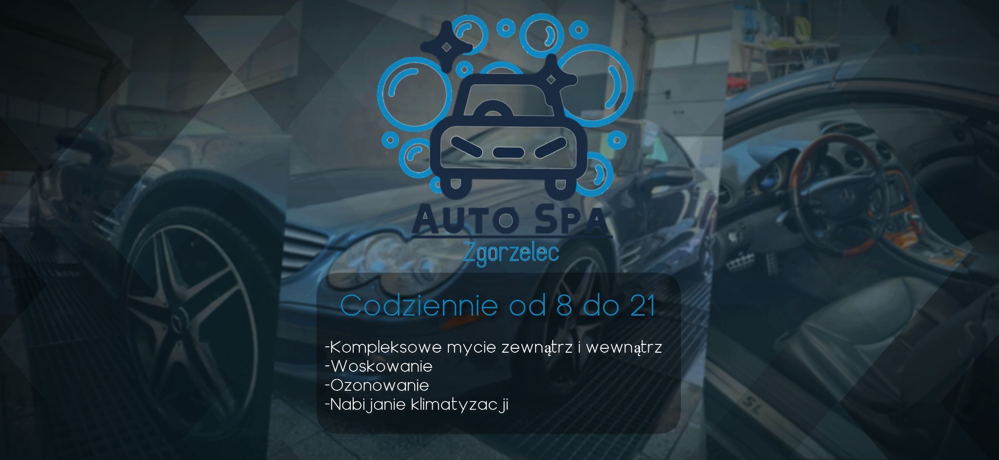 Grafika reklamowa Auto Spa Zgorzelec przedstawiająca luksusowy samochód po myciu, z widocznym wnętrzem i logo firmy.