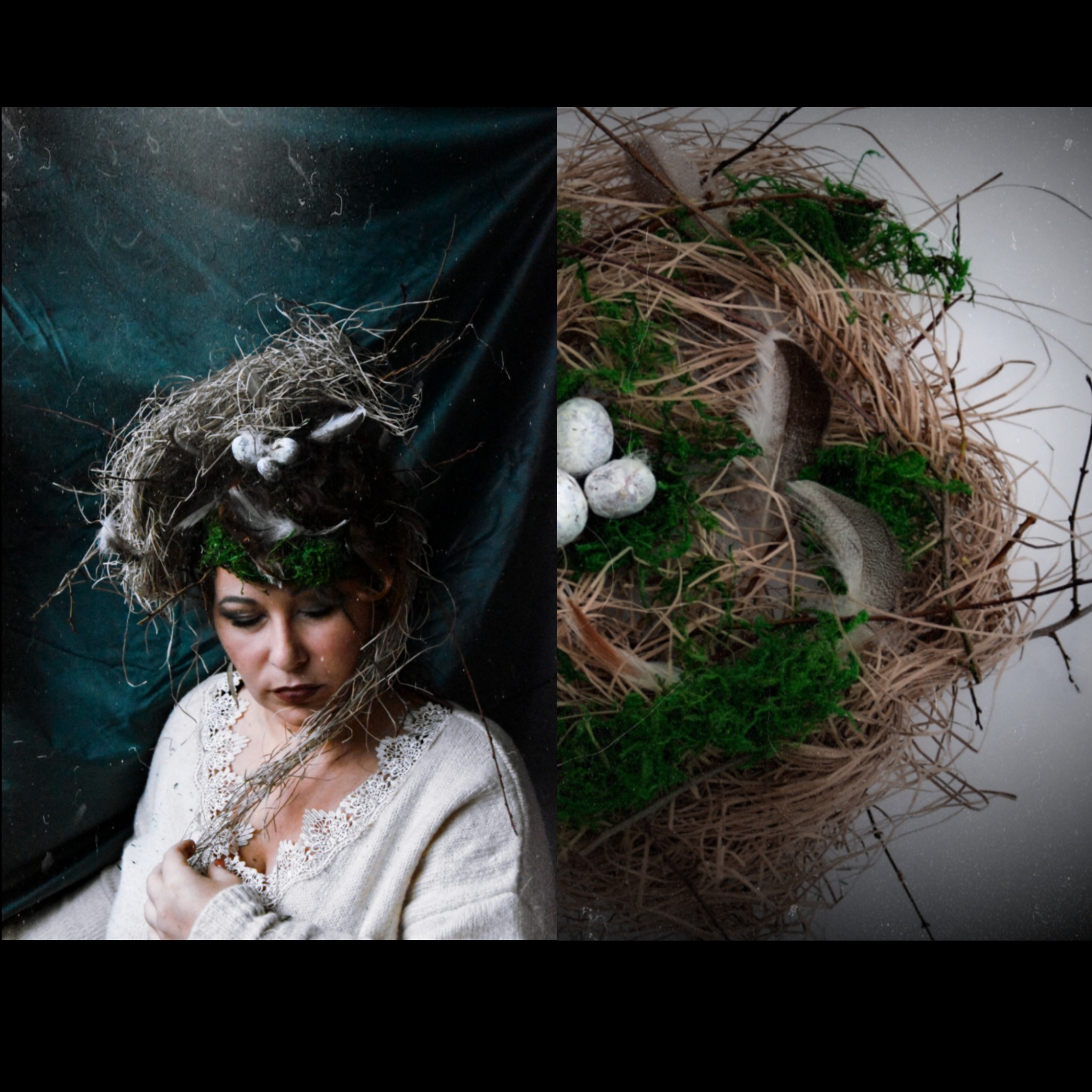 Artystyczny portret kobiety z wiankiem z gałązek, mchu i jajek na głowie, na tle ciemnego materiału, obok zbliżenie gniazda z jajkami, wykonany w Grudziądzu.
