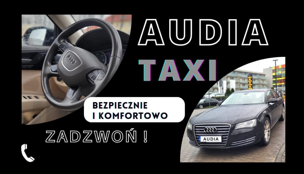Wizytówka Audi Taxi z wnętrzem samochodu i pojazdem na zewnątrz, hasłem 'Bezpiecznie i komfortowo' oraz wezwaniem do kontaktu.
