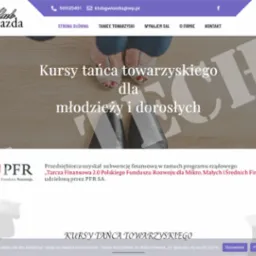 Strona internetowa Klubu Gwiazda z Tarnowa, oferującego kursy tańca towarzyskiego dla młodzieży i dorosłych, z widocznymi stopami tancerzy i informacją o dofinansowaniu z PFR.