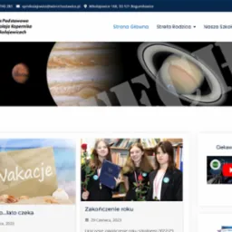 Strona internetowa szkoły podstawowej z motywem kosmicznym w nagł&oacute;wku i miniaturami aktualności: wakacje, zakończenie roku, ciekawostka.
