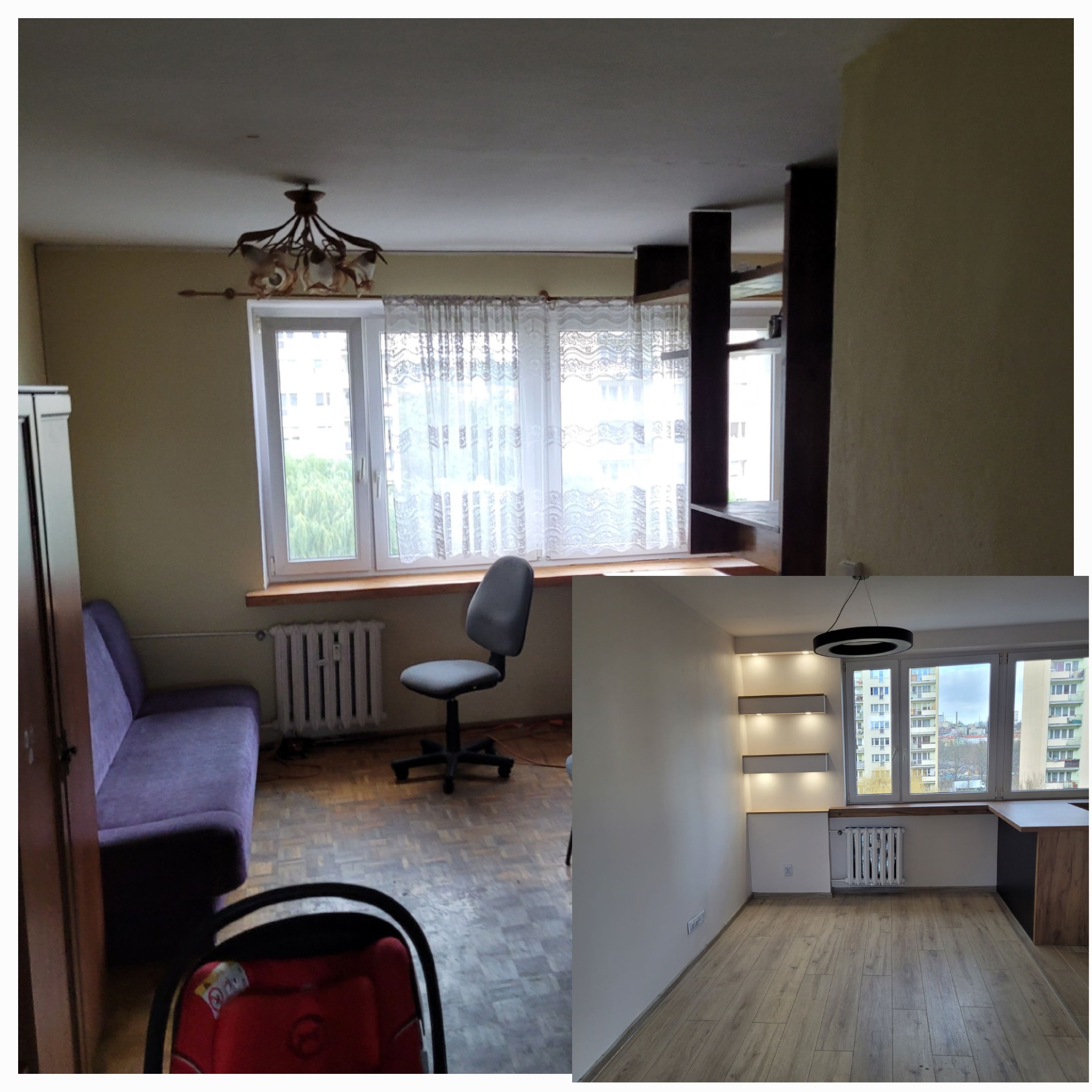 Kolaż przedstawiający pokój przed i po remoncie: po lewej stronie pokój z ciemnymi ścianami, starą podłogą, fioletową kanapą i krzesłem biurowym; po prawej stronie pokój po remoncie z jasnymi...