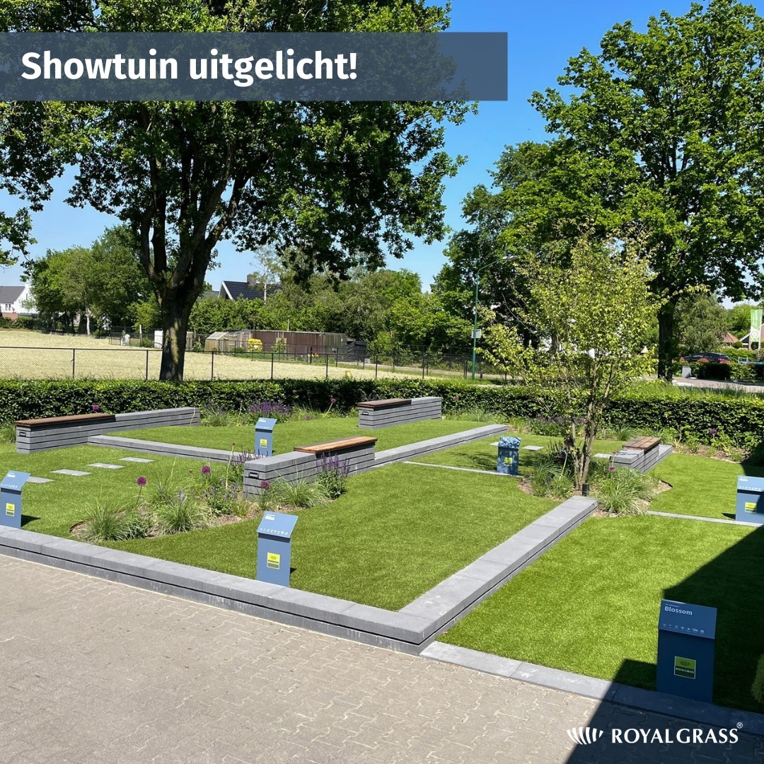 Nowoczesny projekt ogrodu z równo przyciętą trawą, betonowymi obrzeżami, minimalistycznymi ławkami i tabliczkami informacyjnymi.