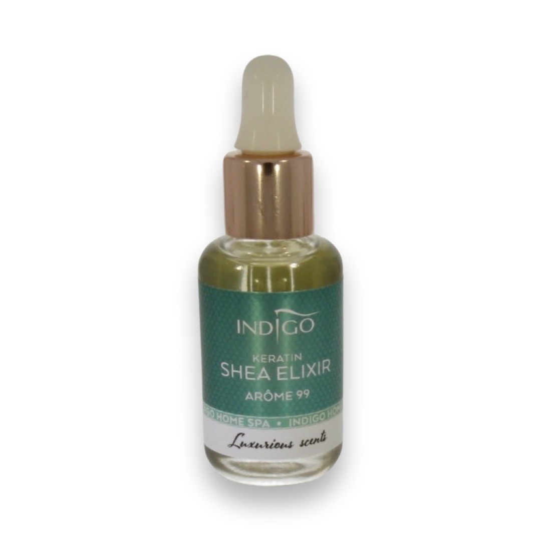 Butelka olejku do włosów Indigo Keratin Shea Elixir Arôme 99 z pipetą, na białym tle.