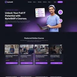 Strona internetowa ByteSkill z ofertą kursów IT, prezentująca młodego mężczyznę z laptopem i ikonami języków programowania.