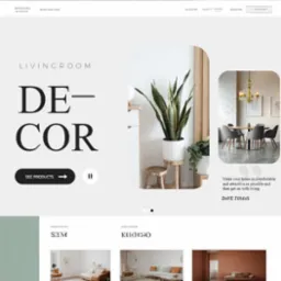 Projekt strony internetowej z aranżacją wnętrz: minimalistyczny design, rośliny doniczkowe, meble w stonowanych kolorach, cytat Dave'a Tomasa o komforcie i atrakcyjności domu.