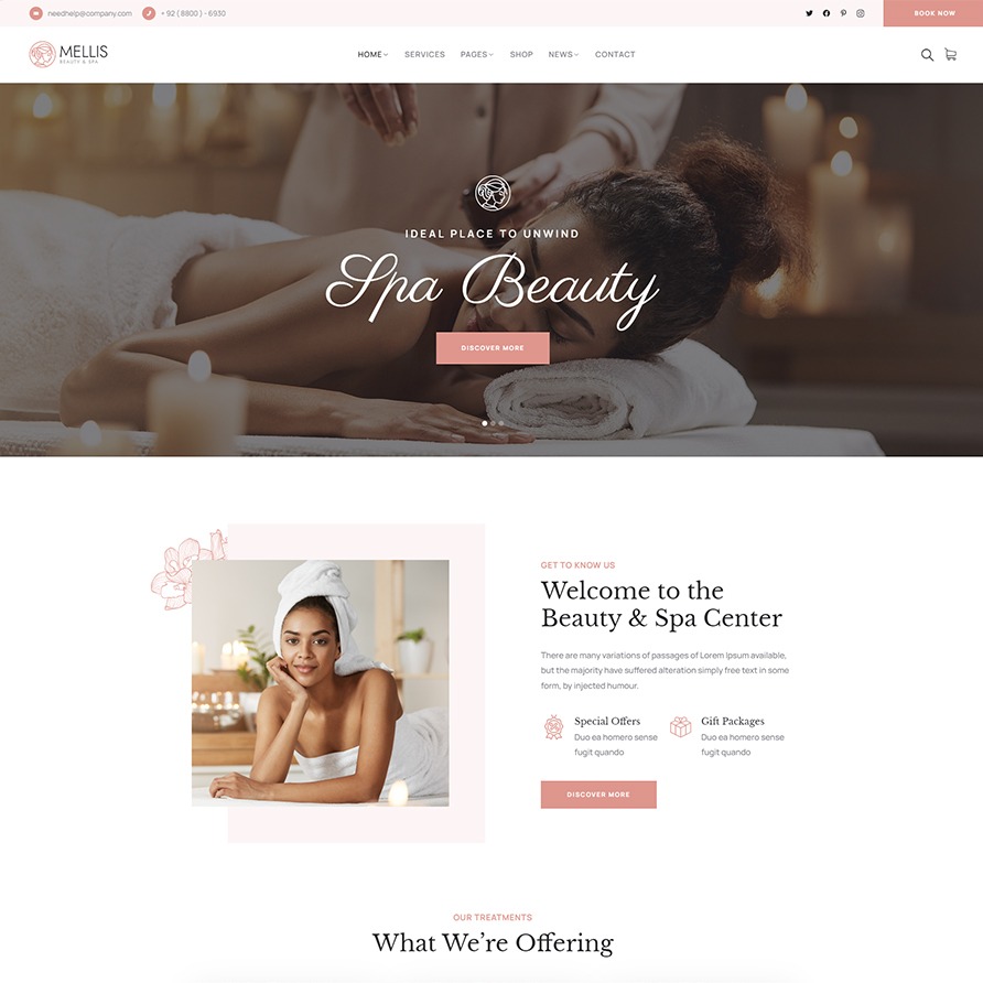 Projekt strony internetowej salonu Spa Beauty w Warszawie, z sekcjami 'Ideal Place to Unwind', 'Welcome to the Beauty & Spa Center', 'Our Treatments', prezentujący relaksacyjną atmosferę i ofertę...