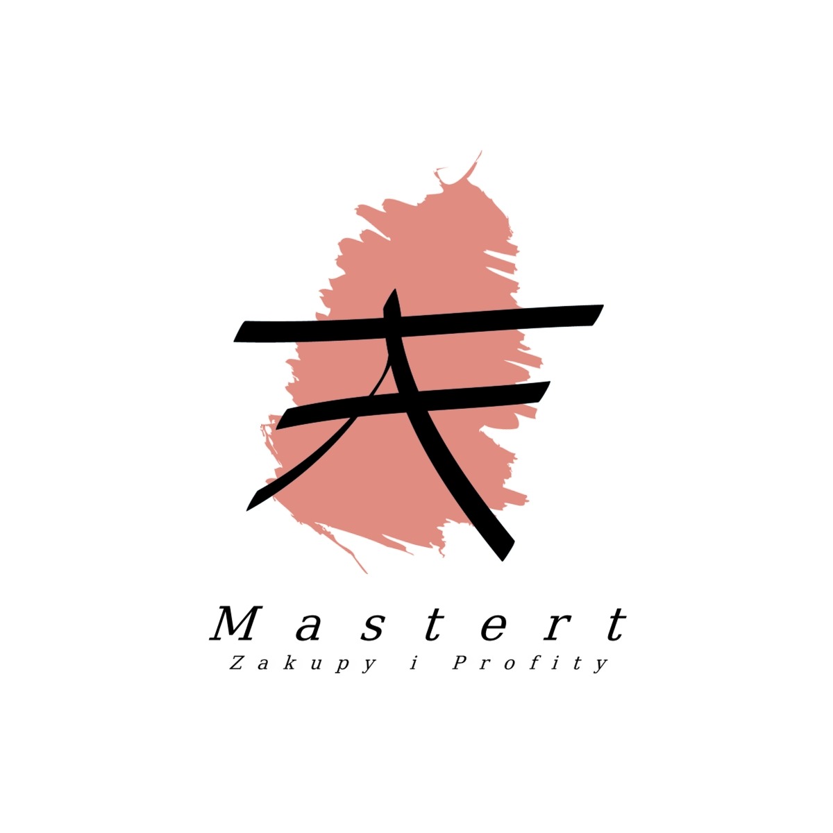 Logo firmy Mastert Zakupy i Profity z abstrakcyjnym symbolem na tle delikatnej, różowej plamy farby.
