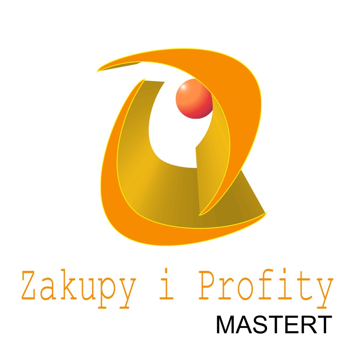 Graficzne logo firmy Zakupy i Profity MASTER, z pomarańczową abstrakcyjną formą i czerwoną kulką.