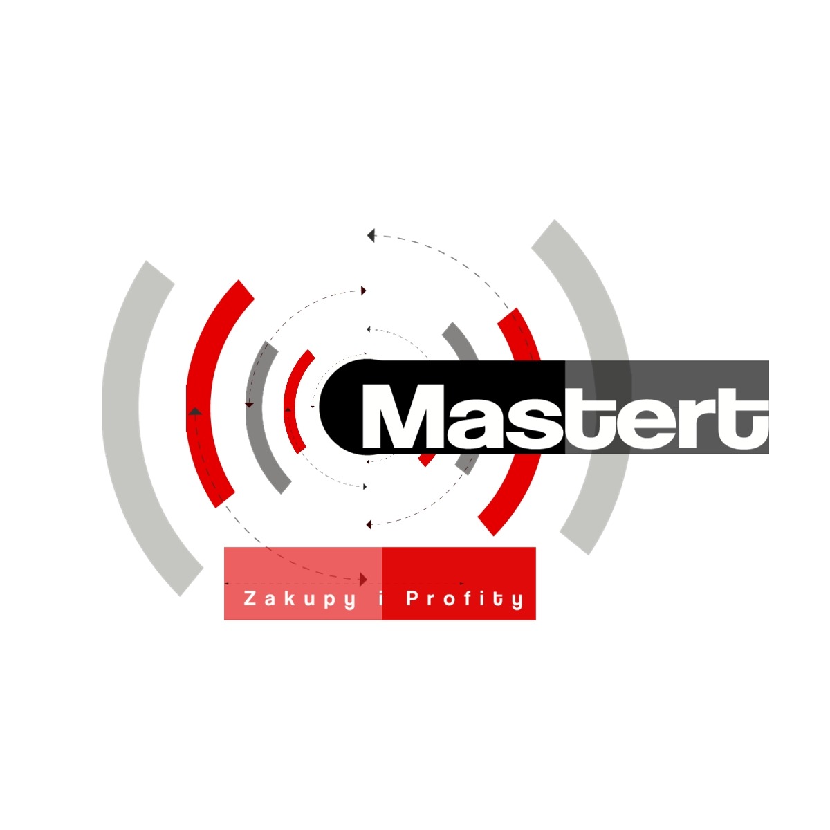 Logo firmy Mastert z napisem Zakupy i Profity, otoczone abstrakcyjnymi elementami graficznymi w kolorach czerwonym, szarym i czarnym.