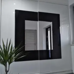 Biała szafa przesuwna z czarną, kwadratową ramą lustra, odbijająca wnętrze pokoju i drzwi, z rośliną doniczkową w lewym dolnym rogu.