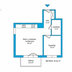 Schemat mieszkania z salonem z aneksem kuchennym, sypialnią, łazienką, hallem i balkonem, z zaznaczonym metrażem poszczególnych pomieszczeń i orientacją względem stron świata.