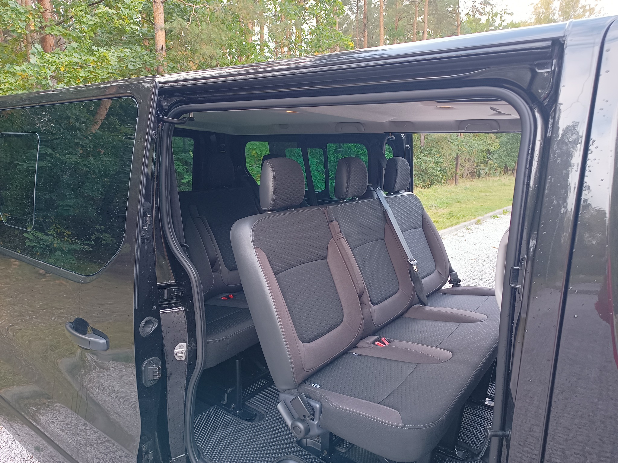 Wnętrze czarnego vana z trzema rzędami siedzeń, widok z otwartych drzwi przesuwnych na tle zieleni.