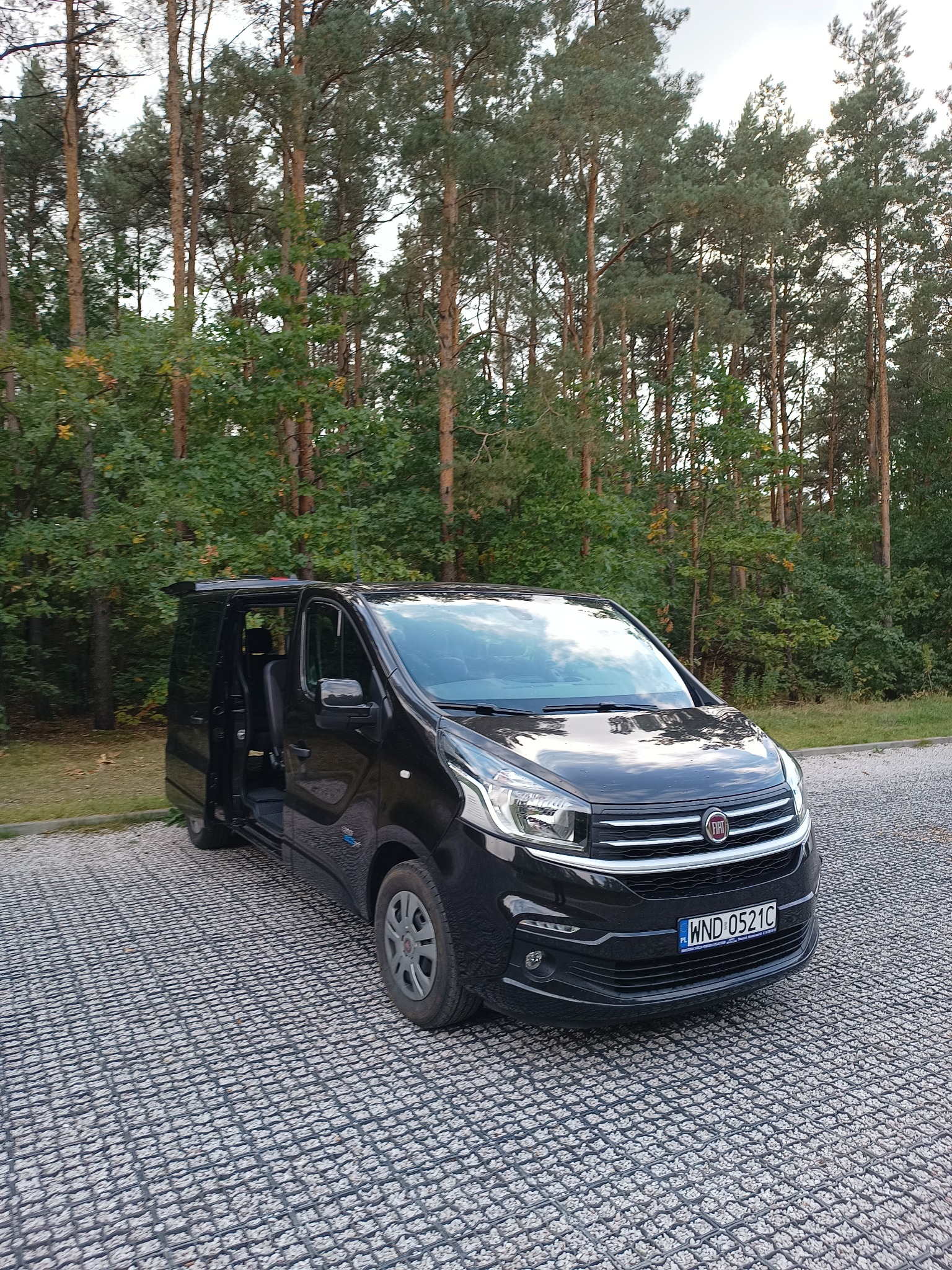 Czarny van marki Fiat z otwartymi drzwiami przesuwnymi, zaparkowany na ażurowym parkingu na tle lasu.