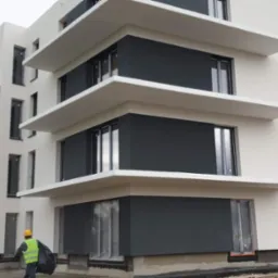 Nowoczesny budynek wielorodzinny z elewacją w kolorze białym i grafitowym, balkony z białymi płytami, widoczne rusztowania i pracownik w żółtej kamizelce na placu budowy.