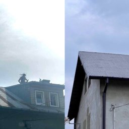 DEN-PRO Denys Demchuk - Zdjęcie 'przed i po' renowacji dachu z blachy trapezowej. Po lewej dach zardzewiały, po prawej odnowiony, pomalowany na szaro. Widoczne okna dachowe i antena.