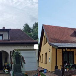 DEN-PRO Denys Demchuk - Zdjęcie 'przed i po' renowacji elewacji i dachu domu jednorodzinnego. Po lewej stronie widoczny budynek przed renowacją, po prawej - po odnowieniu, z nową elewacją i dachem.