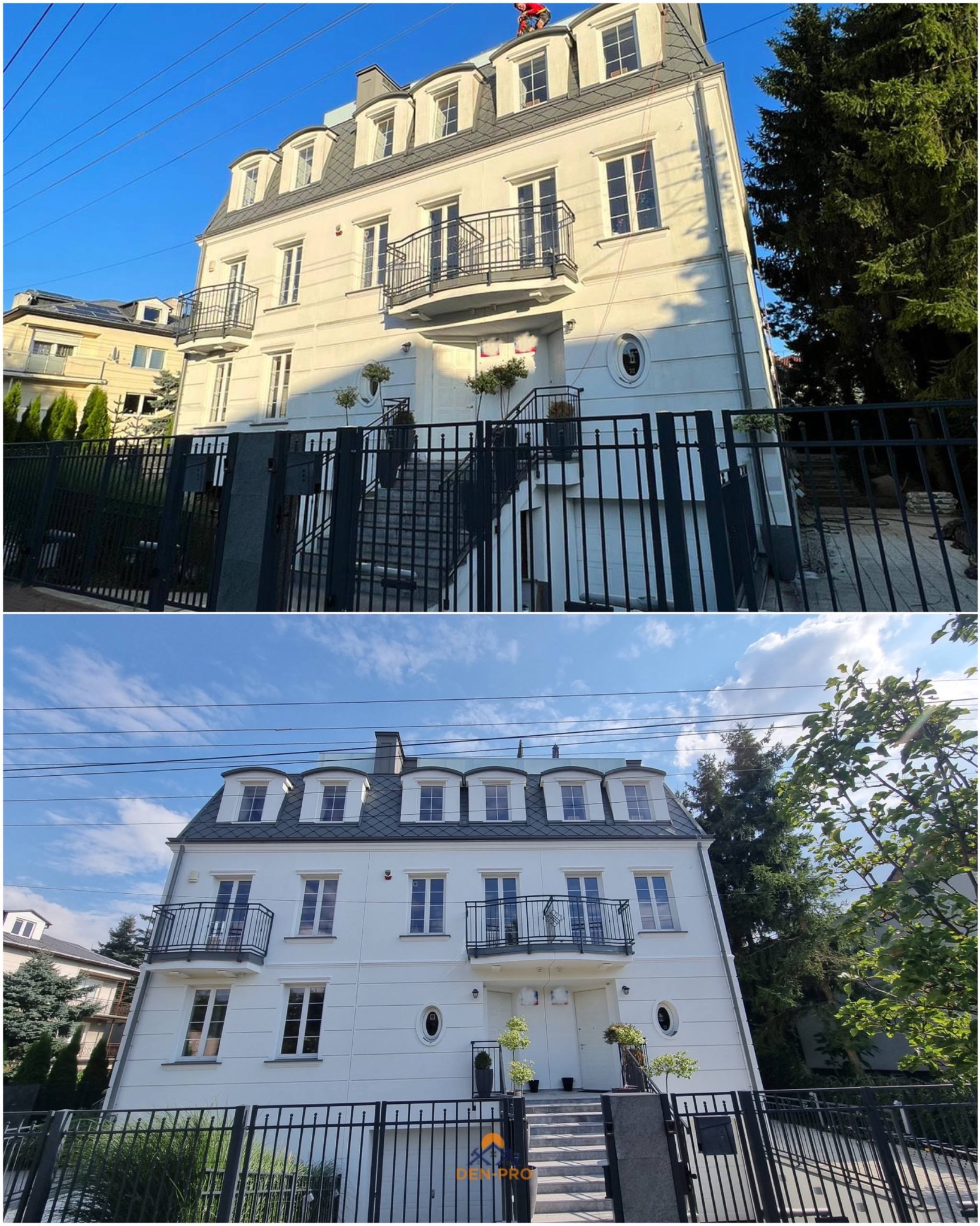 Dwukadrowy widok odnowionej, trzypiętrowej, białej kamienicy z balkonami i szarym dachem, otoczonej czarnym ogrodzeniem. Na dachu widoczna osoba.