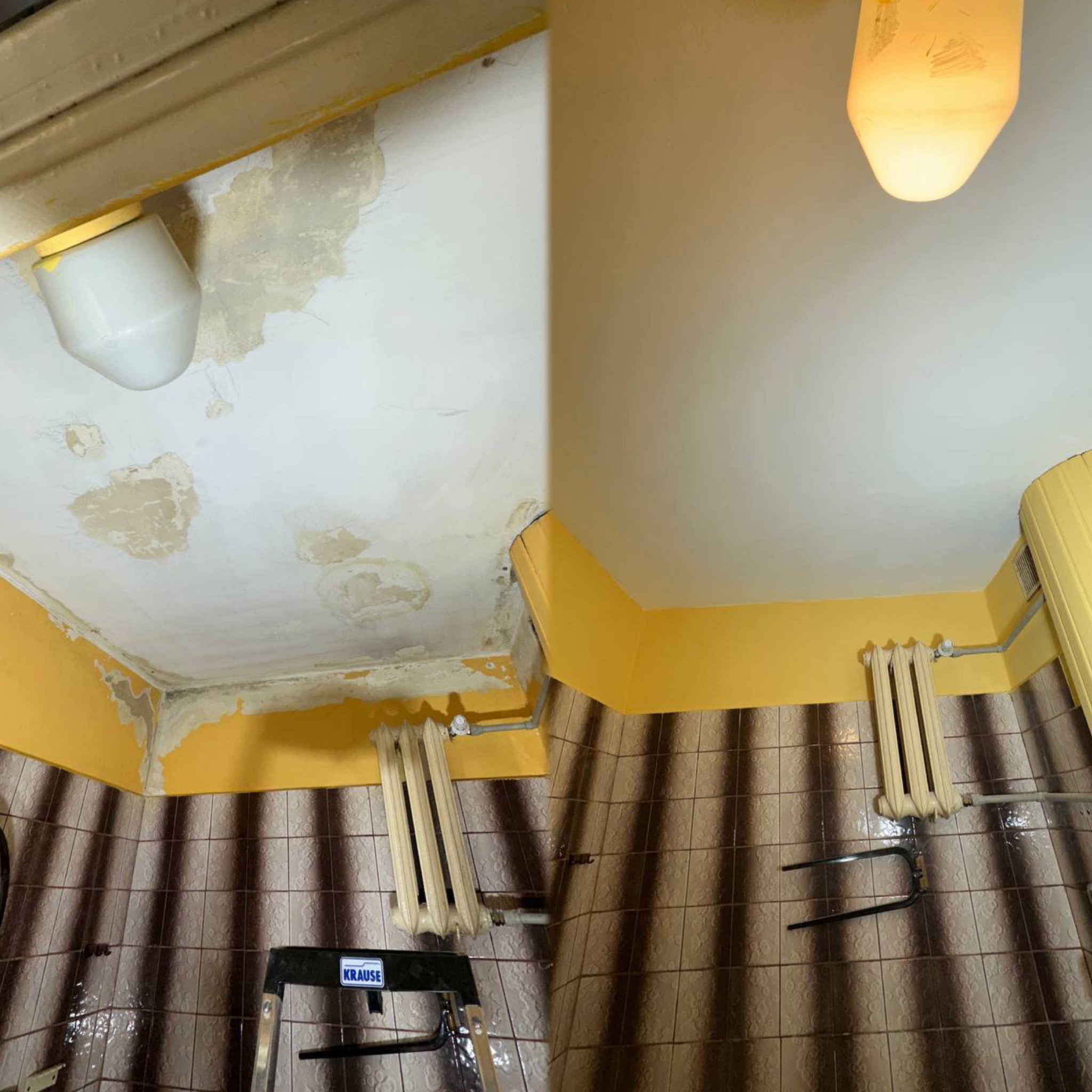 Zdjęcie 'przed i po' remontu łazienki: zniszczony sufit z odpadającym tynkiem i odnowiony, gładki sufit z nowym oświetleniem. Żółte ściany i brązowe płytki.