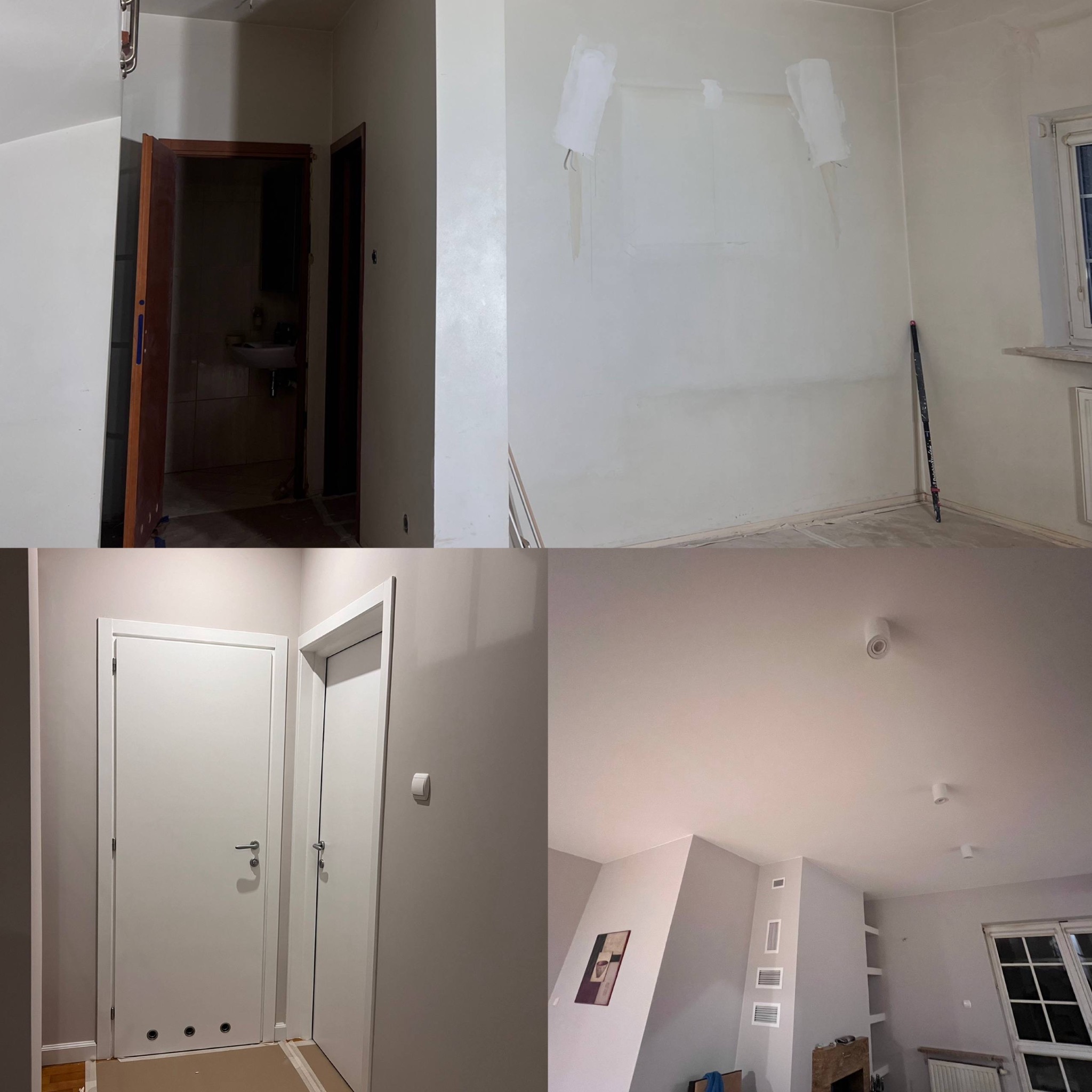 Kolaż zdjęć wnętrza: górne kadry ukazują ściany przed i w trakcie szpachlowania, dolne - po malowaniu na szaro, z widocznymi drzwiami i oświetleniem.