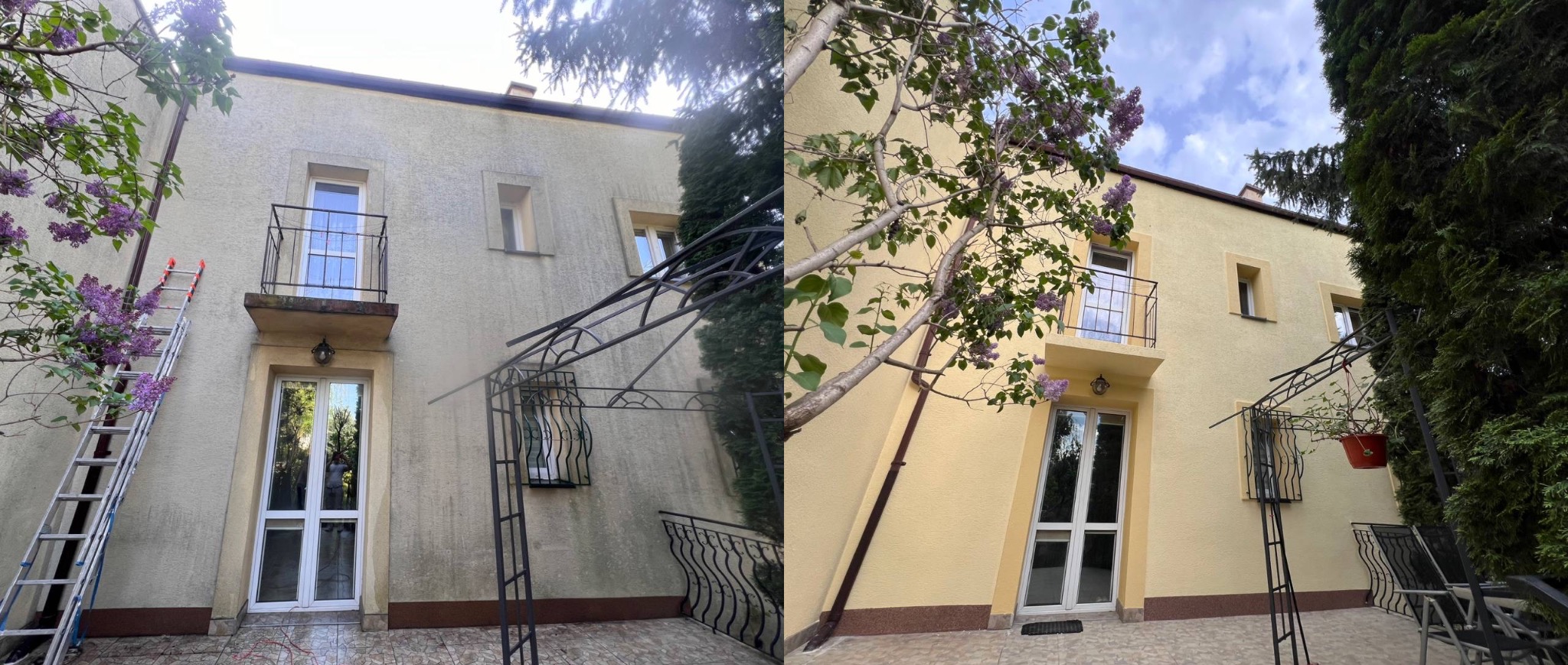 Zdjęcie elewacji budynku podzielone na dwie części: lewa strona przed myciem (zabrudzona), prawa strona po myciu (czysta), z elementami dekoracyjnymi i roślinnością.