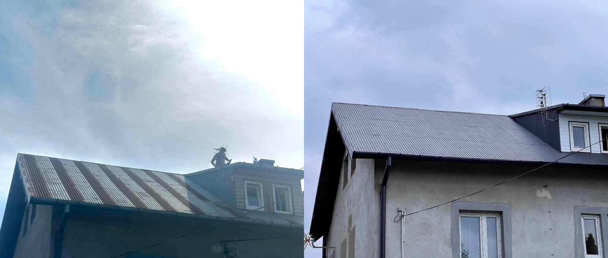 Zdjęcie 'przed i po' renowacji dachu z blachy trapezowej. Po lewej dach zardzewiały, po prawej odnowiony, pomalowany na szaro. Widoczne okna dachowe i antena.
