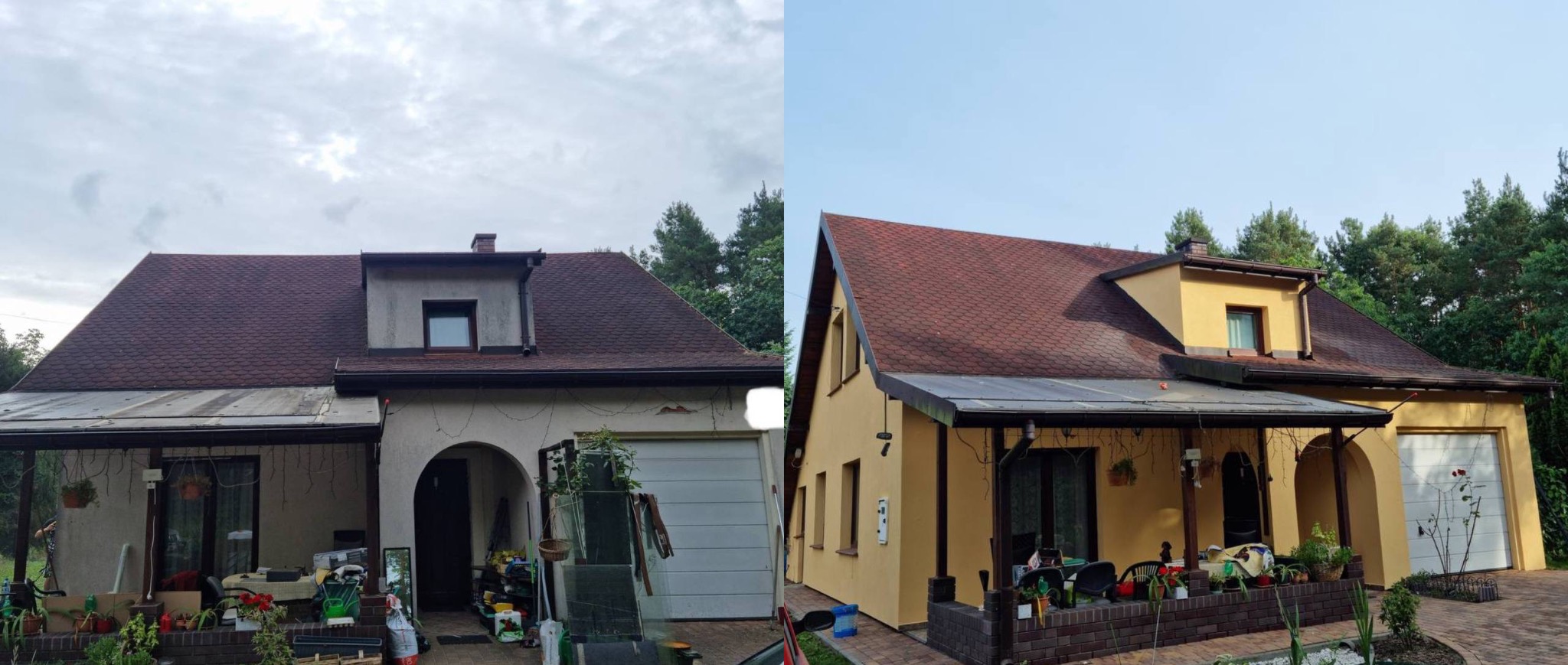 Zdjęcie 'przed i po' renowacji elewacji i dachu domu jednorodzinnego. Po lewej stronie widoczny budynek przed renowacją, po prawej - po odnowieniu, z nową elewacją i dachem.
