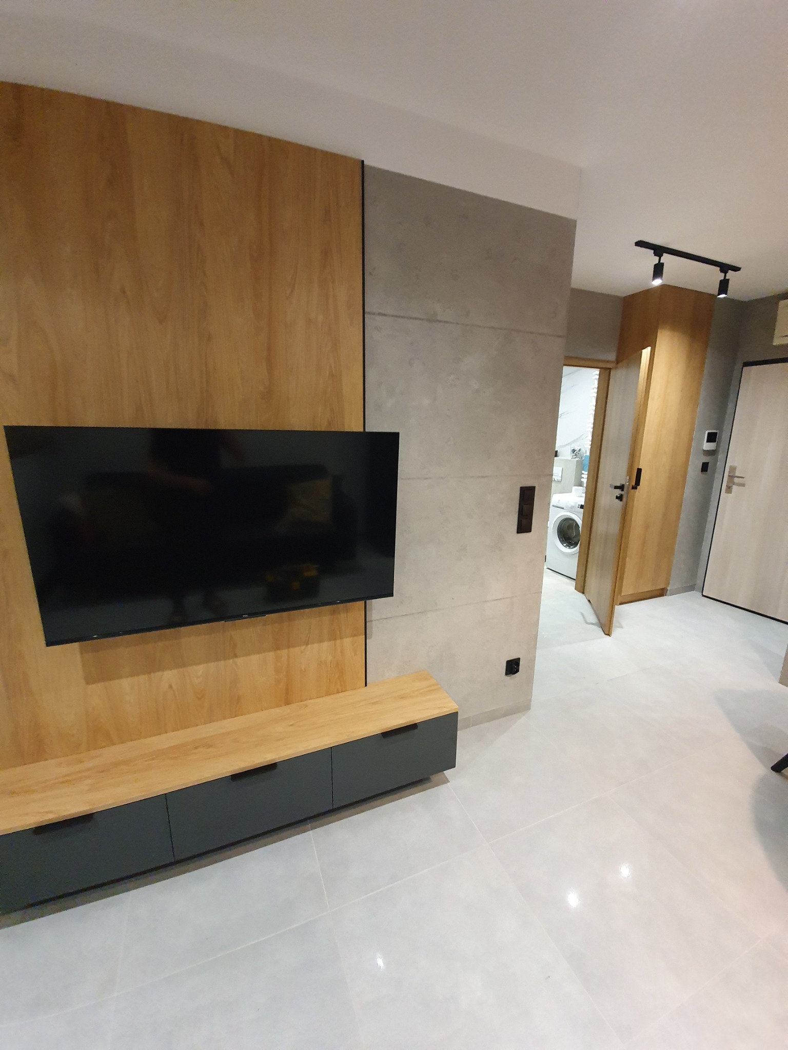 Nowoczesny salon z drewnianą ścianą, telewizorem, szafką RTV z szufladami i widokiem na łazienkę z pralką w tle.