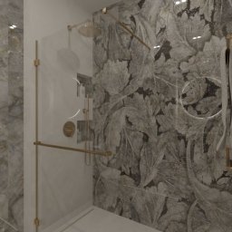 KREO ANETA JASIK-KOT - Nowoczesna kabina prysznicowa z deszczownicą i panelami ściennymi w odcieniach szarości z motywem liści, wykończona elementami w kolorze złotym.