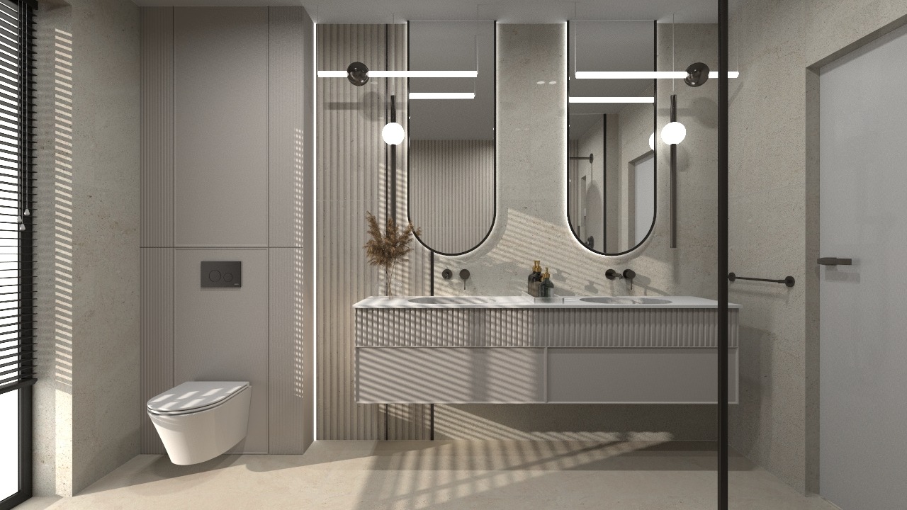 Nowoczesna łazienka w beżach: podwójna umywalka z szafką, owalne lustra z podświetleniem, wisząca toaleta. Minimalistyczny design, ciepłe światło, żaluzje w oknie.