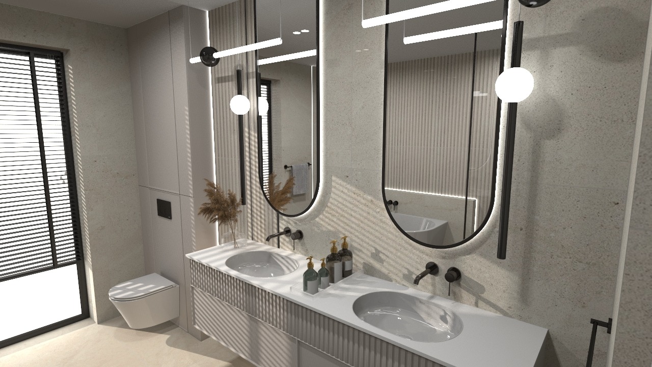 Nowoczesna łazienka z dwoma umywalkami, owalnymi lustrami z podświetleniem LED i minimalistyczną armaturą w odcieniach bieli i szarości. Widoczna toaleta i okno z żaluzjami.