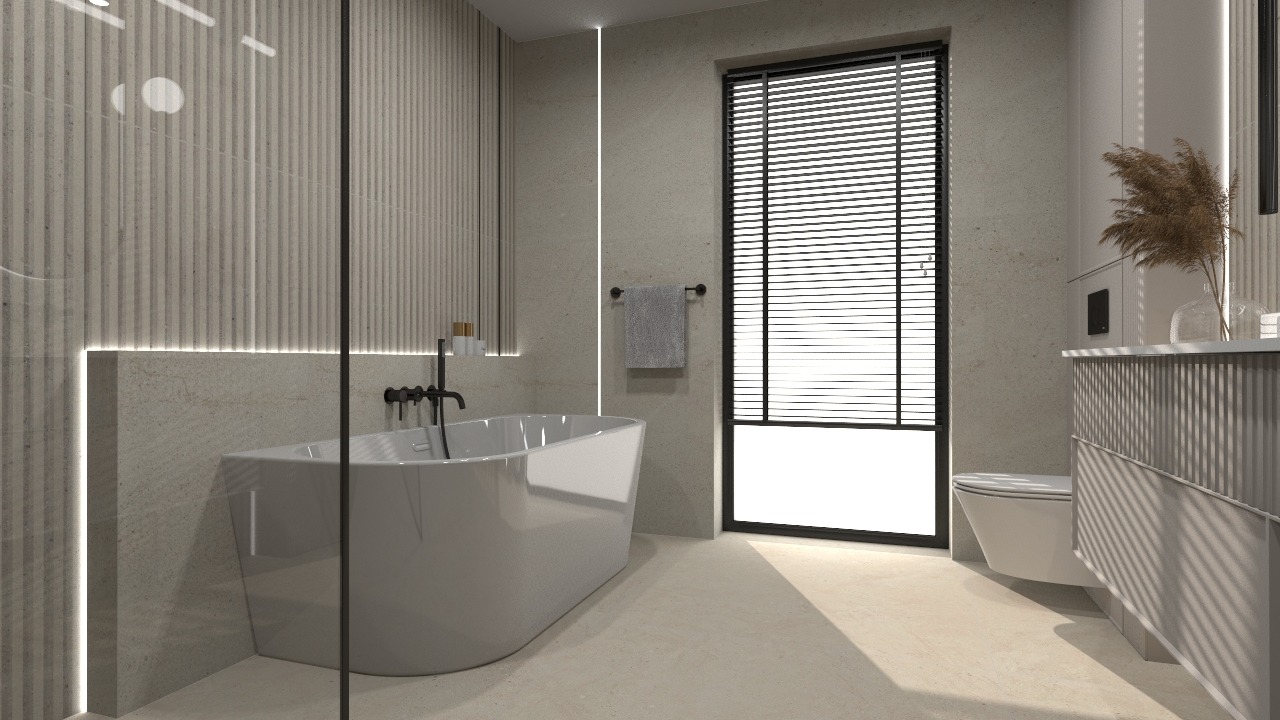 Nowoczesna łazienka w beżowych tonacjach: wolnostojąca wanna, żaluzje okienne, umywalka z szafką i dekoracyjna trawa w wazonie. Minimalistyczny design.