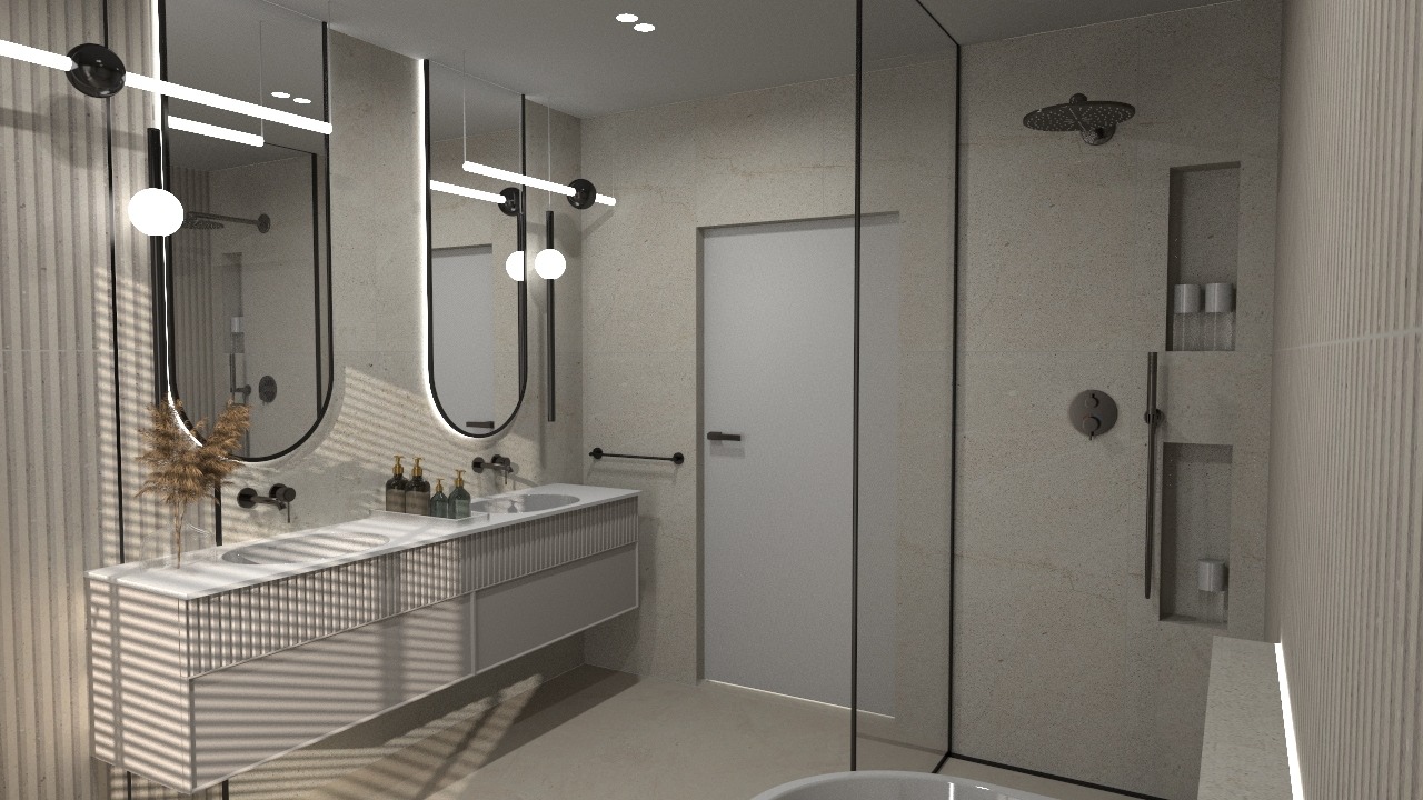 Nowoczesna łazienka z podwójną umywalką, lustrami z podświetleniem LED i kabiną prysznicową typu walk-in. Minimalistyczny design, beżowe płytki, armatura w kolorze czarnym.