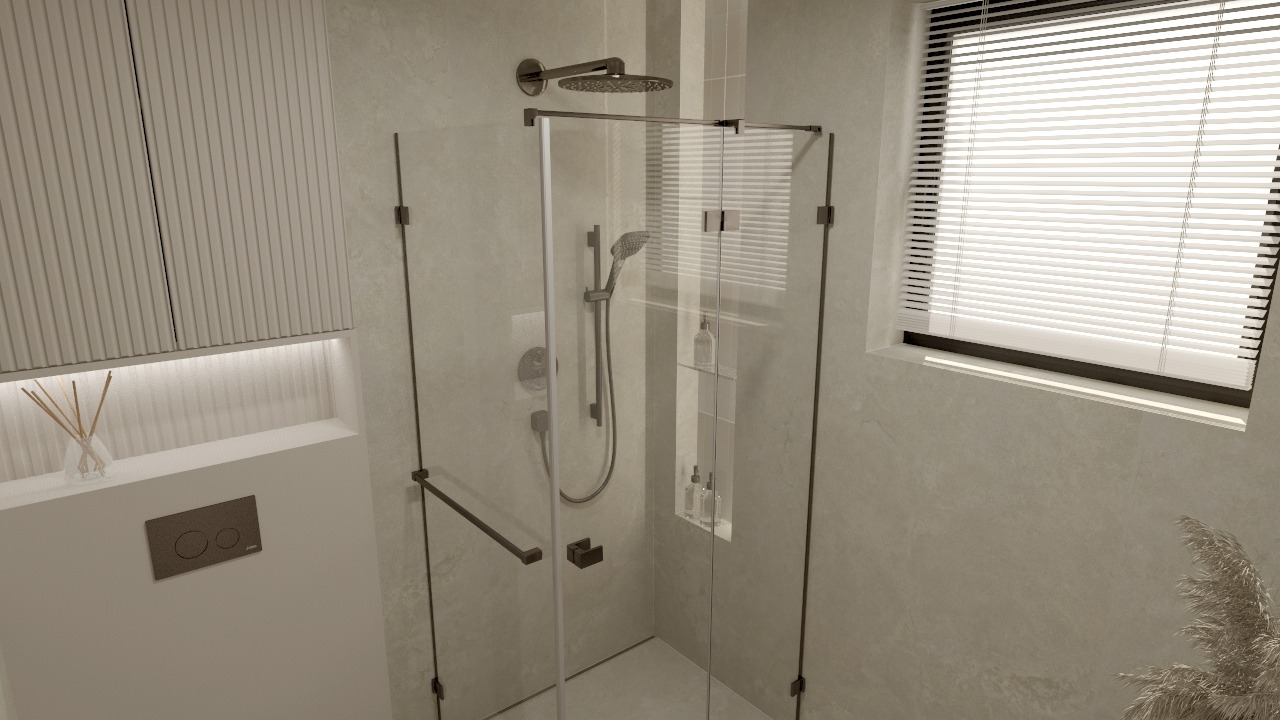 Nowoczesna kabina prysznicowa z deszczownicą, szklanymi drzwiami i minimalistycznym designem w beżowej łazience z żaluzjami i dekoracyjnymi elementami.