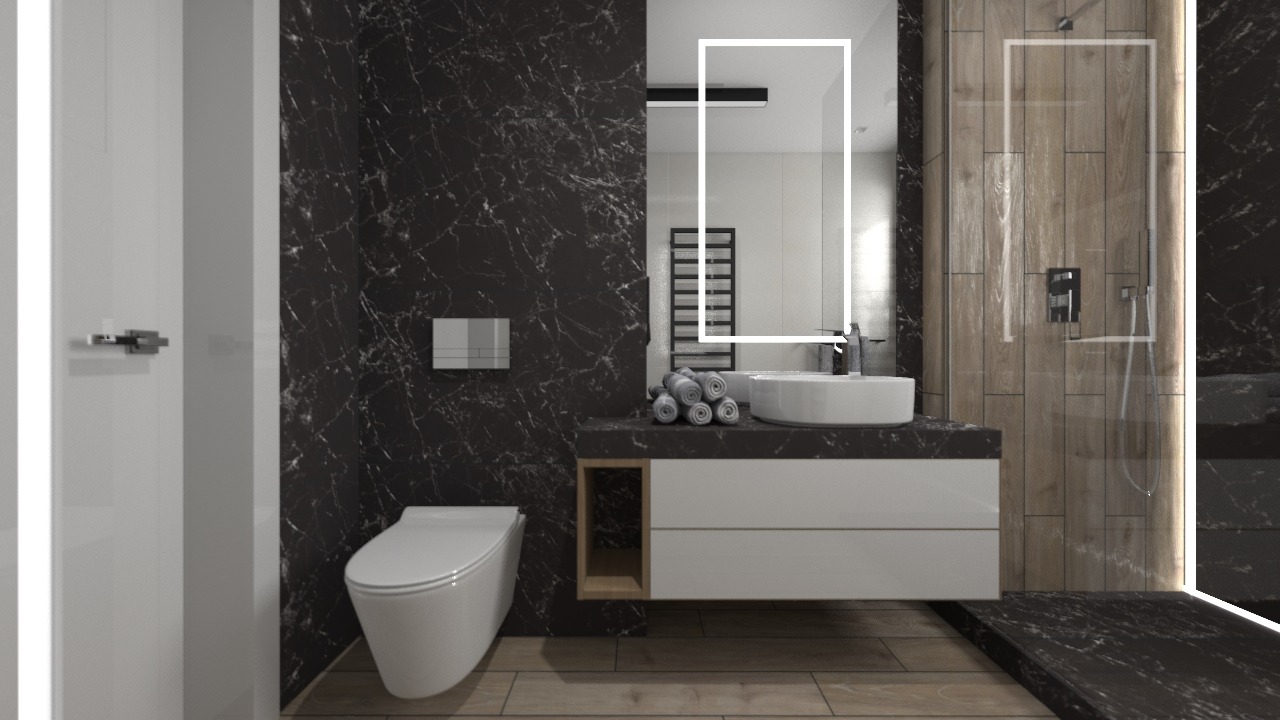 Nowoczesna łazienka z czarnym marmurem na ścianach, białą umywalką nablatową i podświetlanym lustrem. Minimalistyczny design z drewnianą podłogą i kabiną prysznicową.