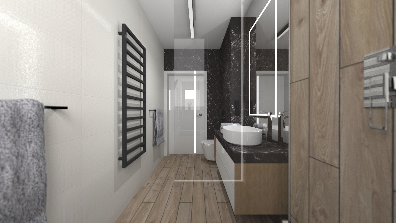 Nowoczesna łazienka z drewnianą podłogą i marmurową ścianą. Biała umywalka nablatowa, grzejnik drabinkowy i podświetlane lustro tworzą elegancki wystrój.