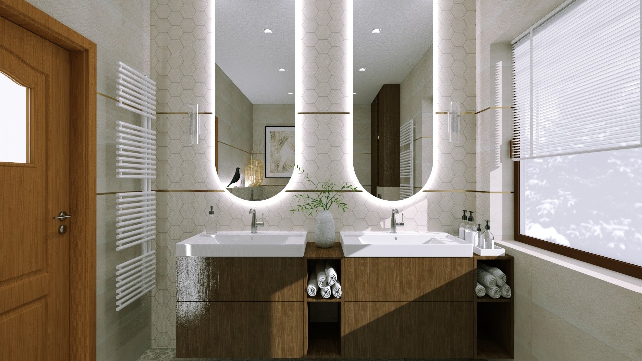 Nowoczesna łazienka z dwoma umywalkami na drewnianej szafce, podświetlane lustra owalne, grzejnik drabinkowy i okno z żaluzjami. Dekoracyjne akcenty i heksagonalne płytki.