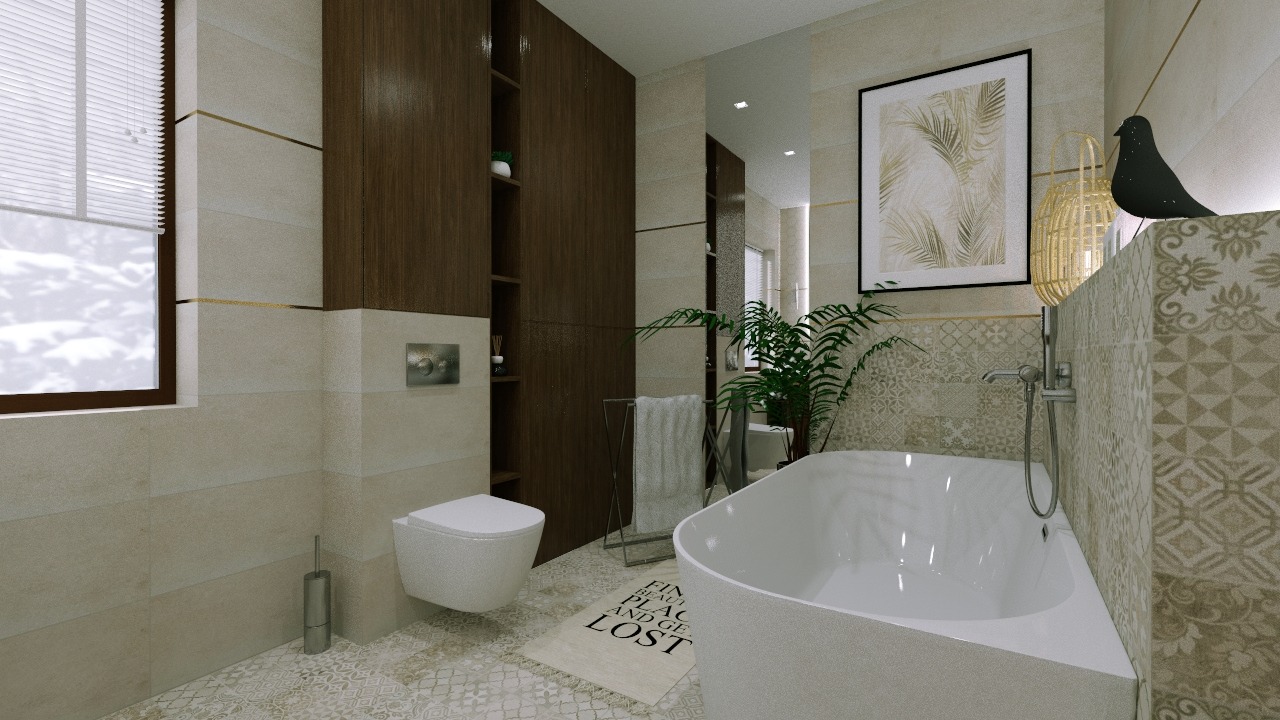 Elegancka łazienka z wolnostojącą wanną, beżowymi płytkami w ornamenty, drewnianą szafką i rośliną doniczkową. Nad wanną dekoracja w kształcie ptaka.