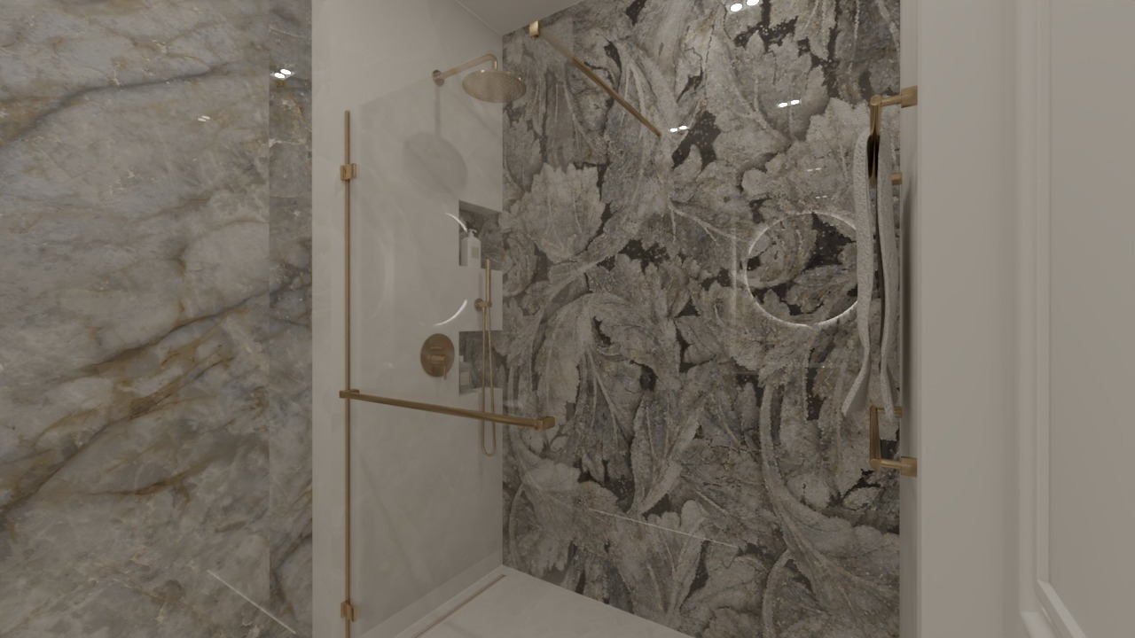 Nowoczesna kabina prysznicowa z deszczownicą i panelami ściennymi w odcieniach szarości z motywem liści, wykończona elementami w kolorze złotym.