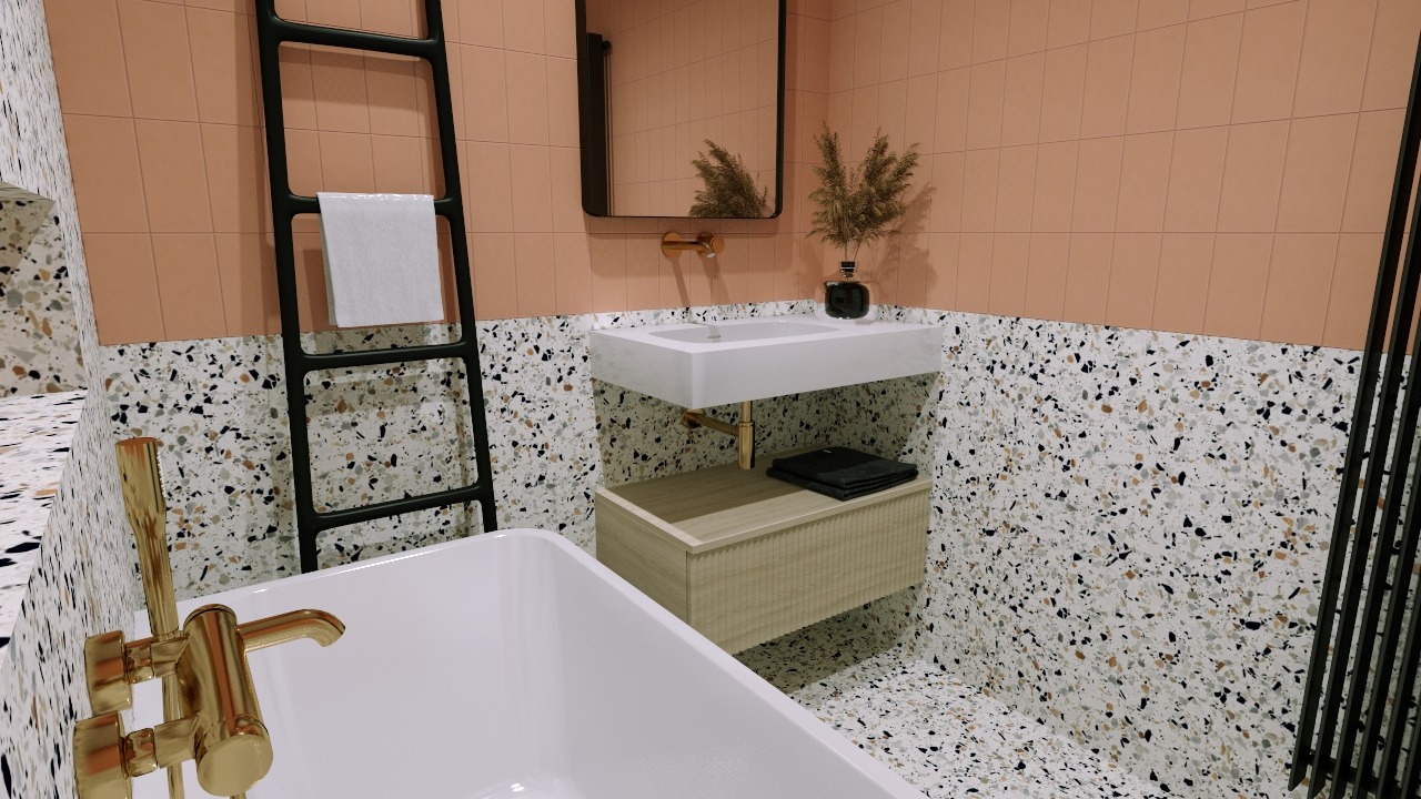 Nowoczesna łazienka z wanną, umywalką na szafce i czarną drabinką na ręczniki. Ściany i podłoga wykończone terazzo, a górna część ścian w kolorze brzoskwiniowym.