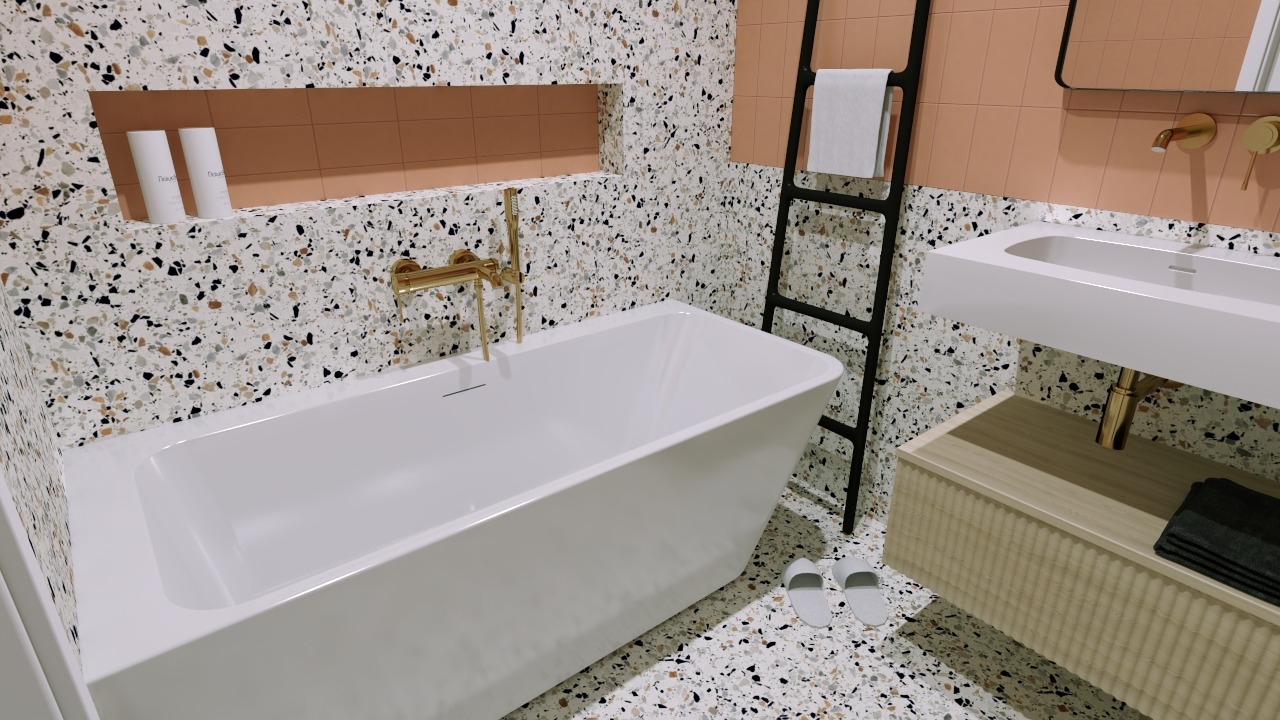 Nowoczesna łazienka z wanną, umywalką na szafce i terazzo. Złota armatura i czarna drabinka na ręczniki dodają elegancji. Minimalistyczne kapcie obok wanny.