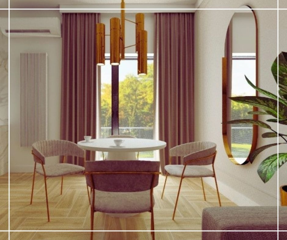 Wizualizacja jadalni z okrągłym białym stołem, czterema krzesłami w odcieniach różu i złota, nowoczesną lampą wiszącą, wysokim lustrem w złotej ramie i rośliną doniczkową.