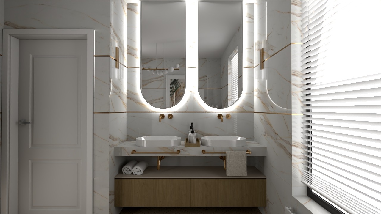 Nowoczesna łazienka z podwójną umywalką, marmurowymi ścianami z złotymi akcentami, podświetlanymi lustrami o zaokrąglonym kształcie i drewnianą szafką pod umywalką.