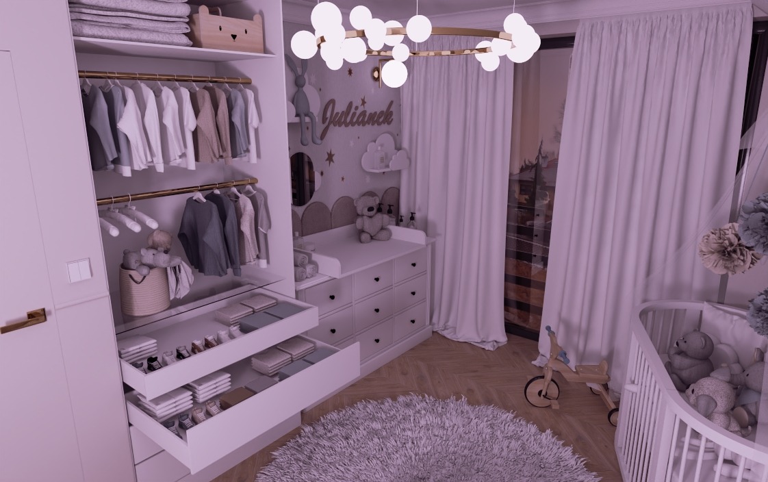 Pokój dziecięcy w pastelowych barwach z otwartą szafą, komodą z przewijakiem, łóżeczkiem i okrągłym puszystym dywanem, oświetlony nowoczesną lampą sufitową.