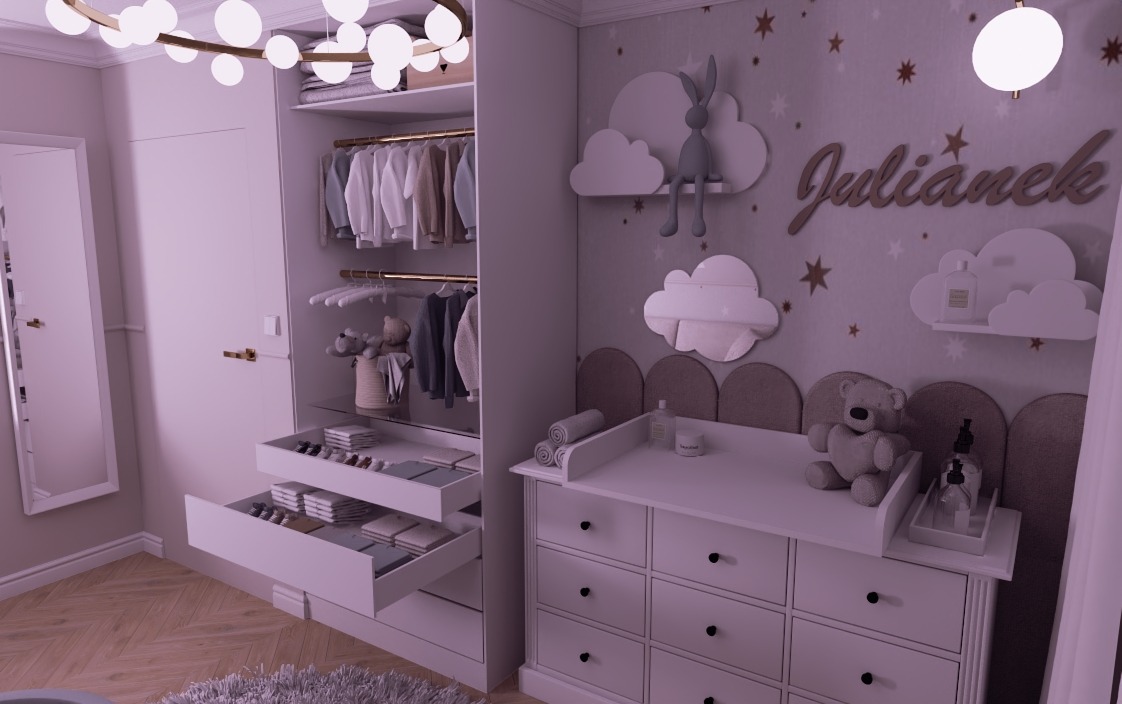 Pokój dziecięcy z białymi meblami: szafa z otwartymi półkami i komoda z przewijakiem, dekoracje ścienne w kształcie chmur, imię dziecka 'Julianek' i pluszowy miś.